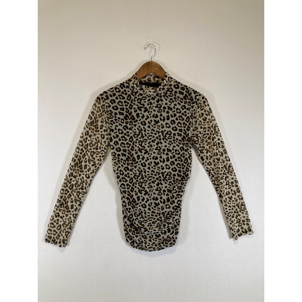 Mob Wife Adrianna Papell‎ Women Large Tan Leopard Ruched Mesh Mock Neck Top